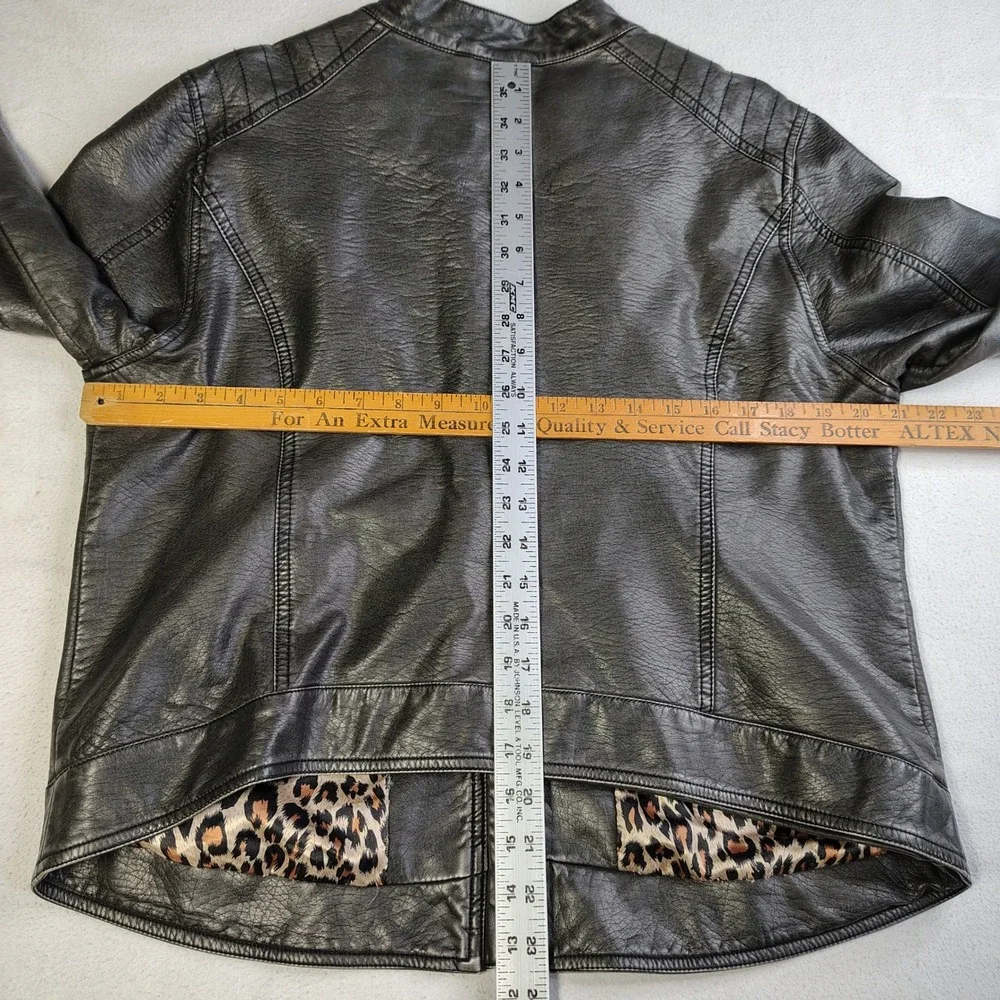 Cruel Womens Faux Leather Biker Jacket Metallic Black Leopard Lining XL - Picture 6 of 15